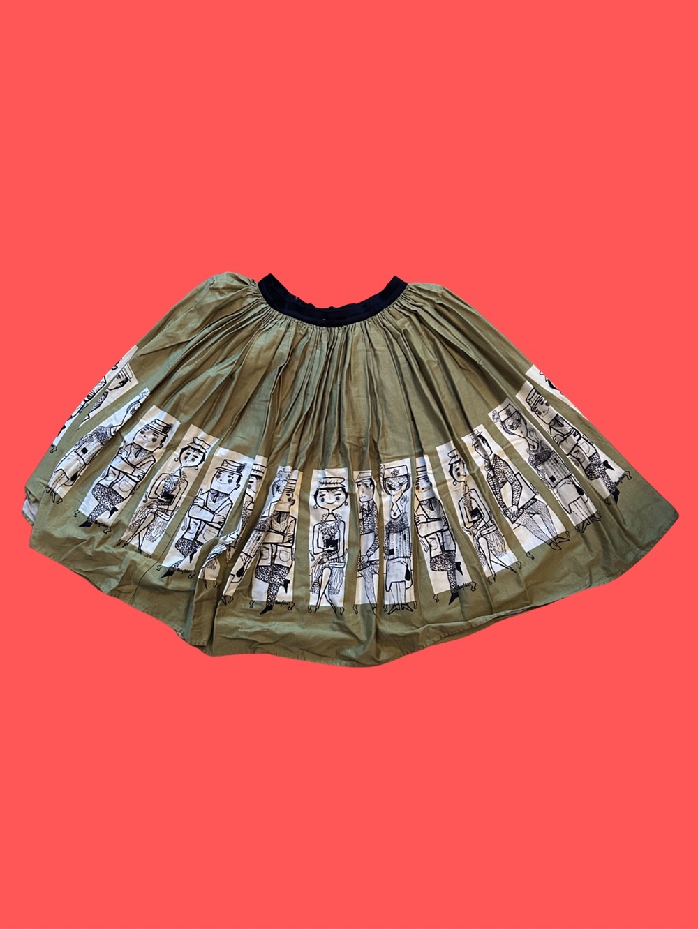 Pinup Couture Olive Full Skirt with Black Waistband and Character Panel Print